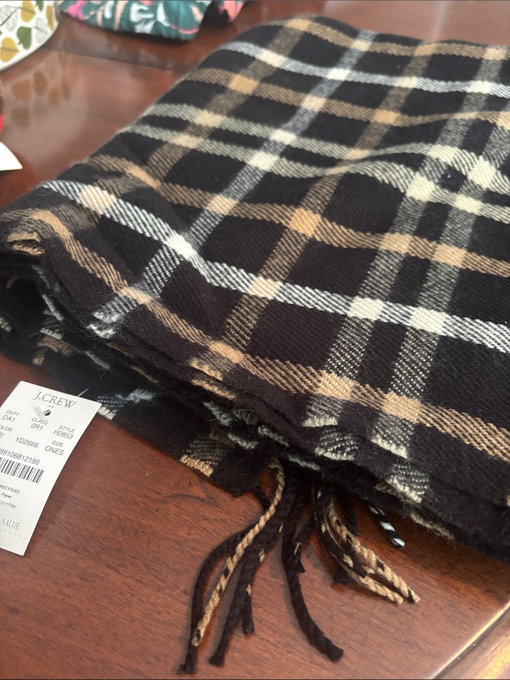 J. Crew Black, Tan and Cream Plaid scarf